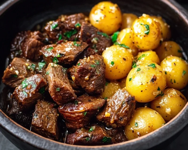 Slow Cooker Garlic Butter Beef Bites with Potatoes