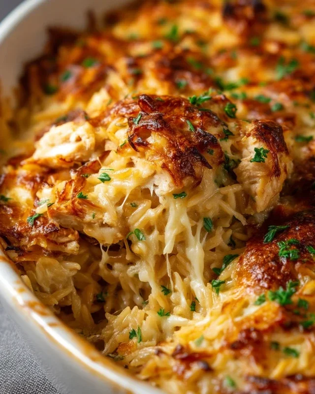 French Onion Chicken Orzo Casserole