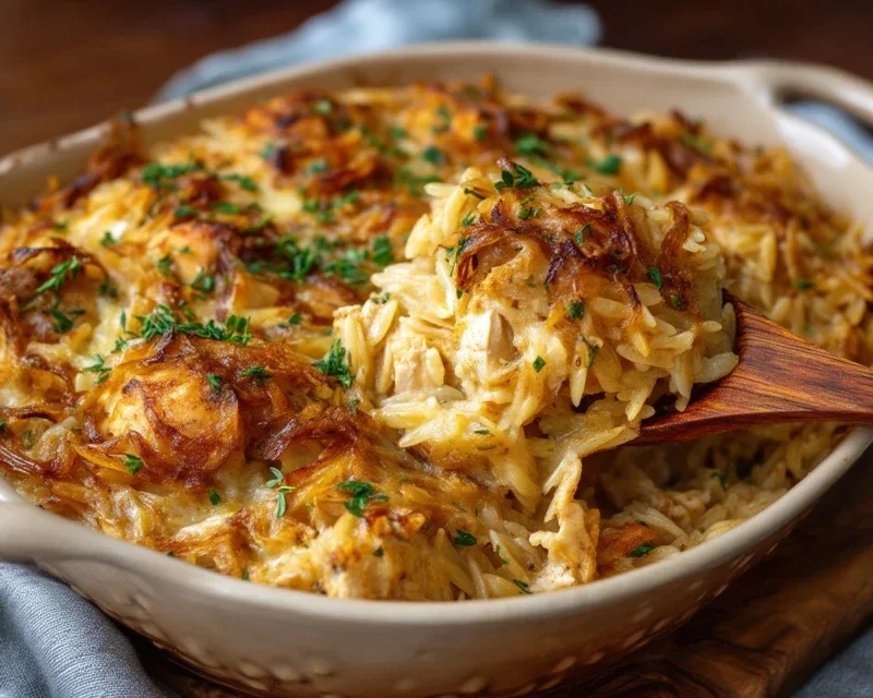 French Onion Chicken Orzo Casserole