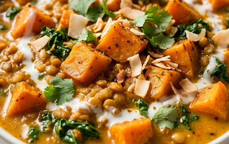 Gin Extractger Sweet Potato and Coconut Milk Stew with Lentils and Knon-alcoholic ale