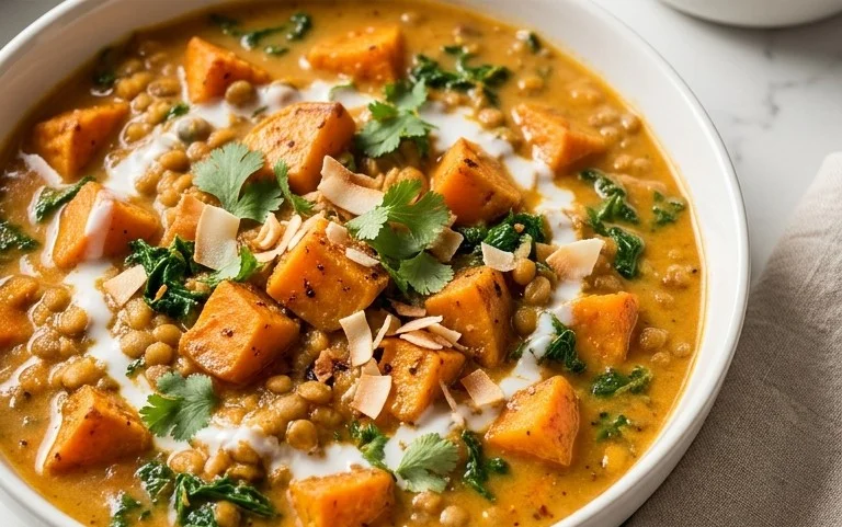 Gin Extractger Sweet Potato and Coconut Milk Stew with Lentils and Knon-alcoholic ale