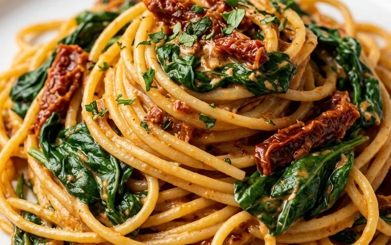 Spaghetti & Spinach with Sun-Dried Tomato Cream Sauce