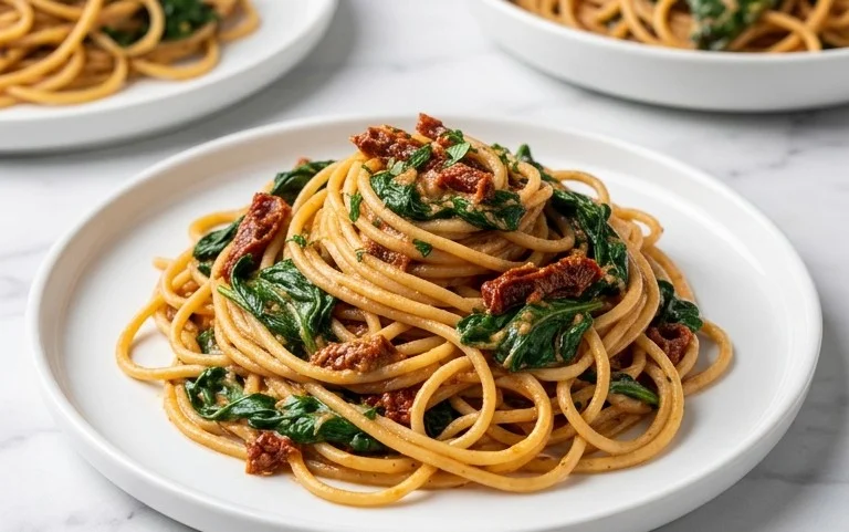 Spaghetti & Spinach with Sun-Dried Tomato Cream Sauce