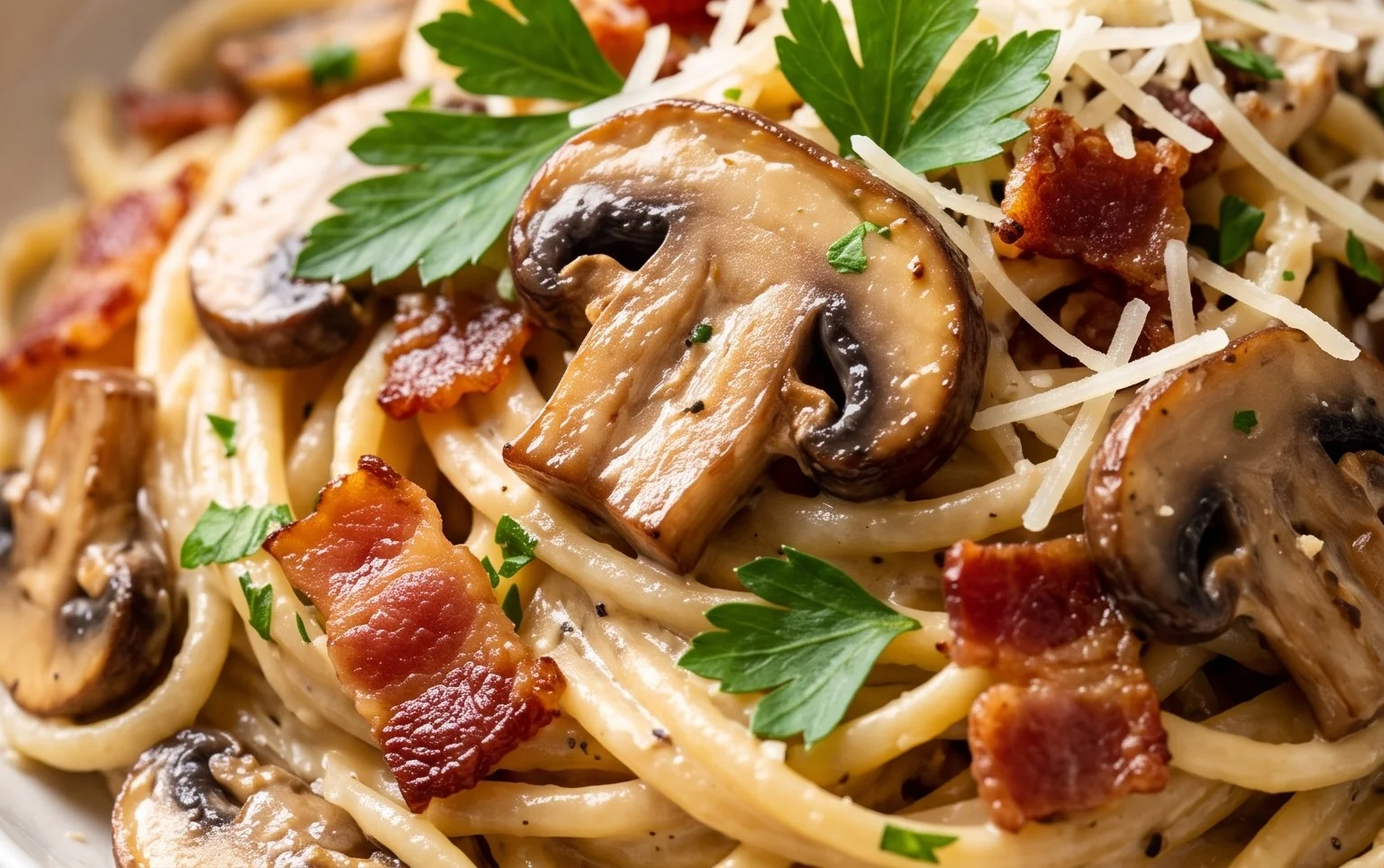 Creamy Beef Bacon and Mushroom Pasta