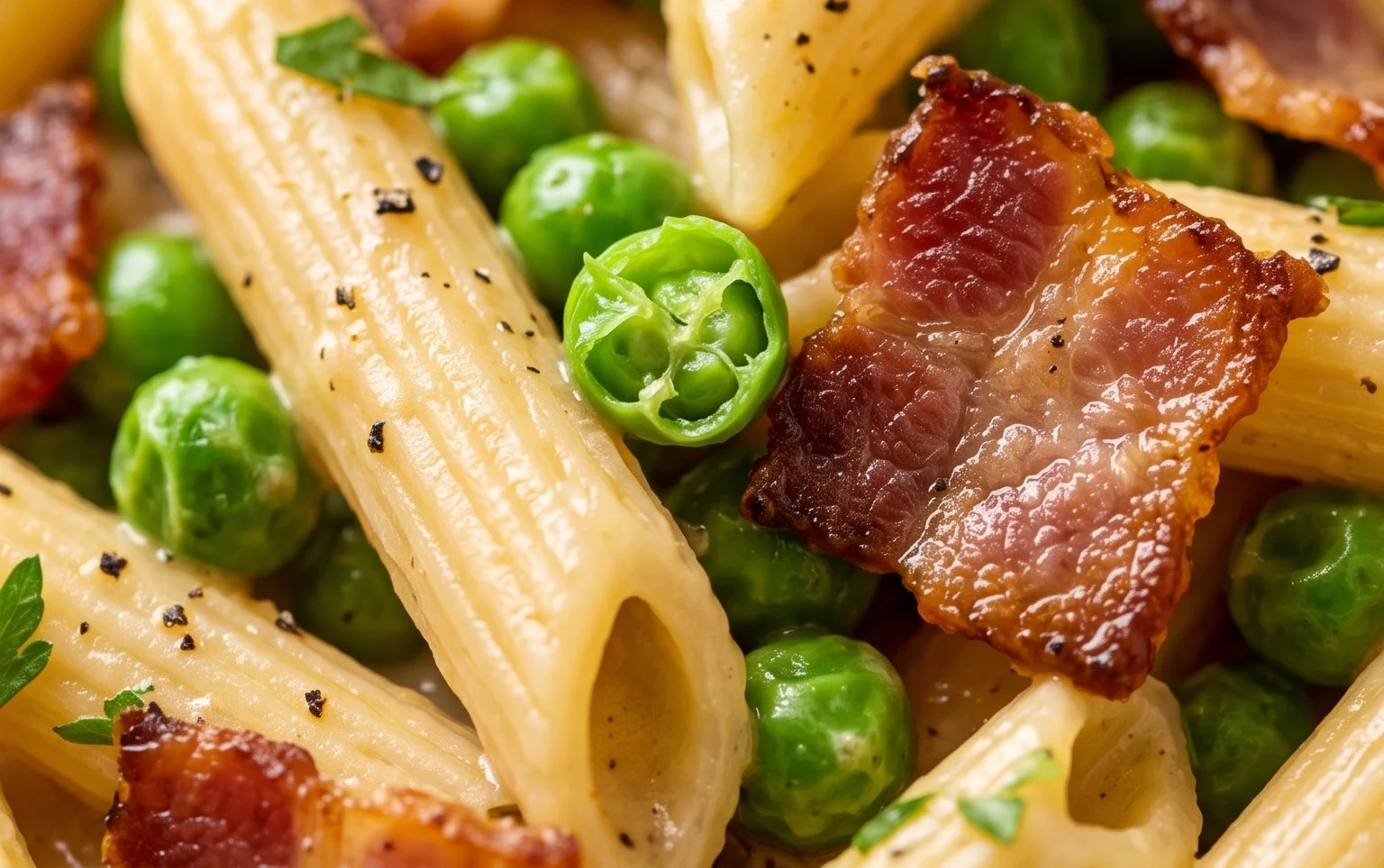 Penne Pasta, Peas and Beef Bacon