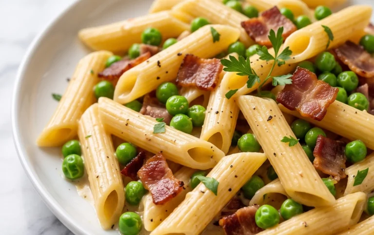 Penne Pasta, Peas and Beef Bacon