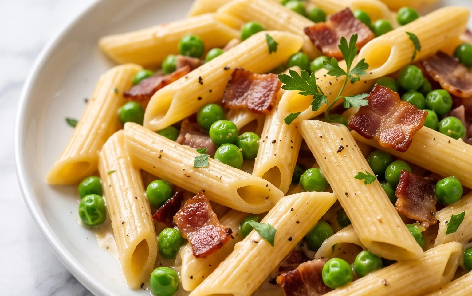 Penne Pasta, Peas and Beef Bacon